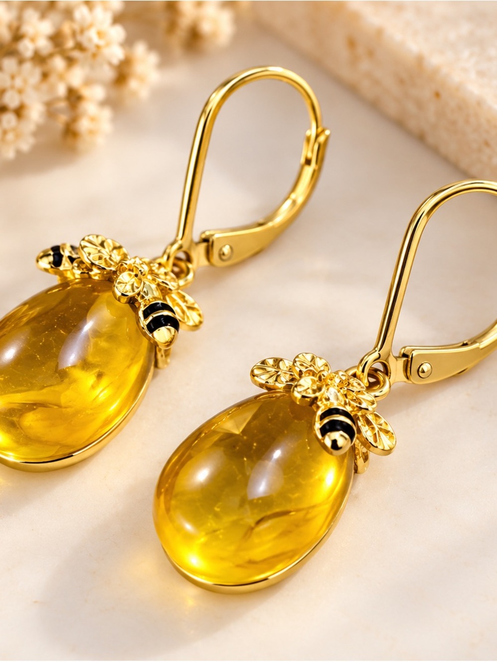 925s Gold Honey Bee Amber Lever Earrings